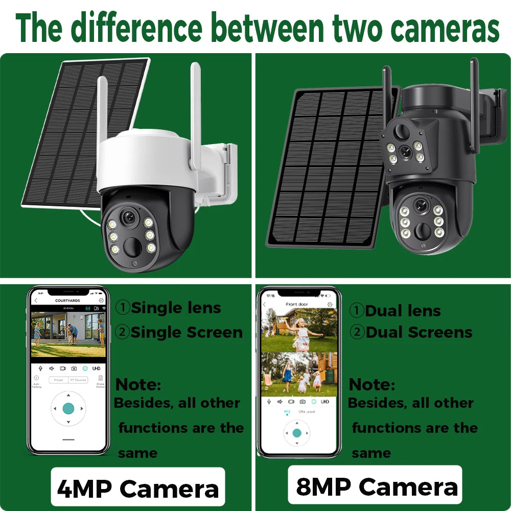 Cámara WiFi solar 4K HD de 8 MP para exteriores con batería integrada, doble lente, cámara de seguridad 2K, panel solar, videovigilancia inalámbrica iCSee