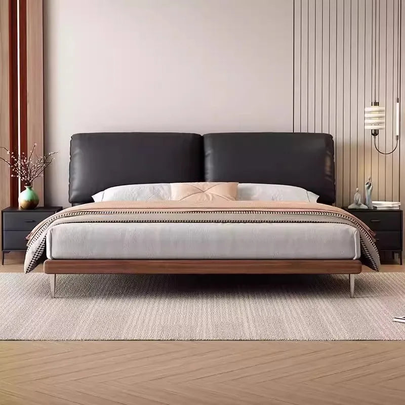 Cama doble europea minimalista con decoración negra, moderna y flexible, tamaño king, de madera, muebles matrimoniales para el hogar