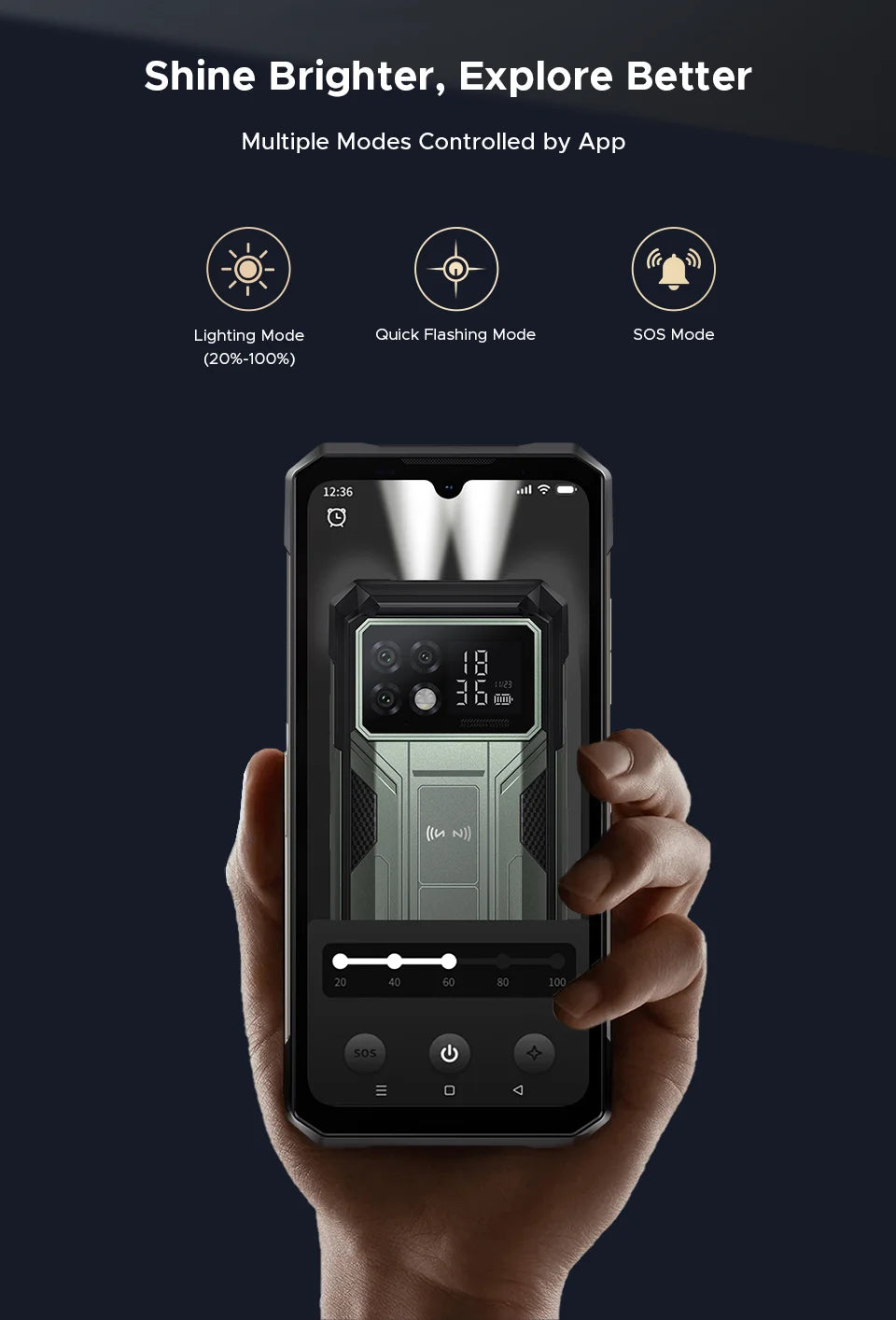 Teléfono resistente DOOGEE S200 Max, 16 GB + 512 GB, batería de 22000 mAh, procesador Dimensity 7050, pantalla de 6,72" a 120 Hz, pantalla trasera de 1,32", linterna dual.