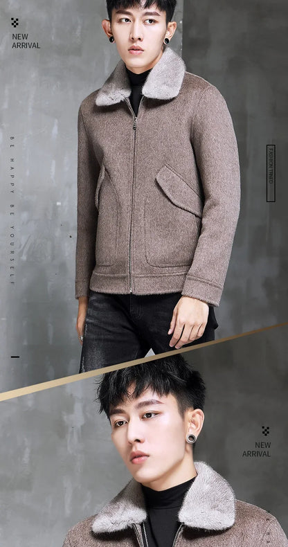 AYUNSUE Spring Autumn Wool Coat Men Double-sided Alpaca Jacket Mink Fur Collar Mens Coats and Jackets Overcoat 1970B KJ3859