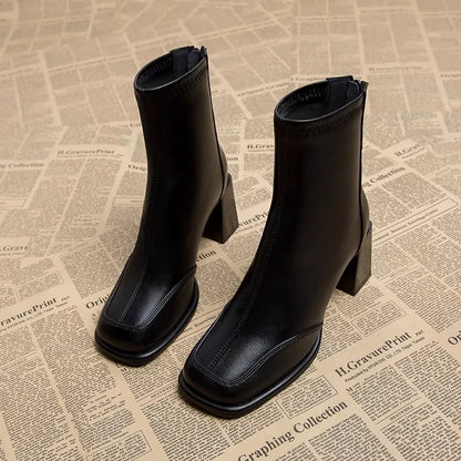 British Vintage Square Toe Ankle Boots Women 2025 Autumn Winter Thick High Heel Black Pu Boots Woman Cowboy Short Booties Shoes