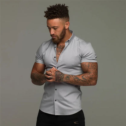 Camisas de vestir ajustadas para hombre, estilo casual de verano, con cuello vuelto, manga corta y botones LXDZ-110