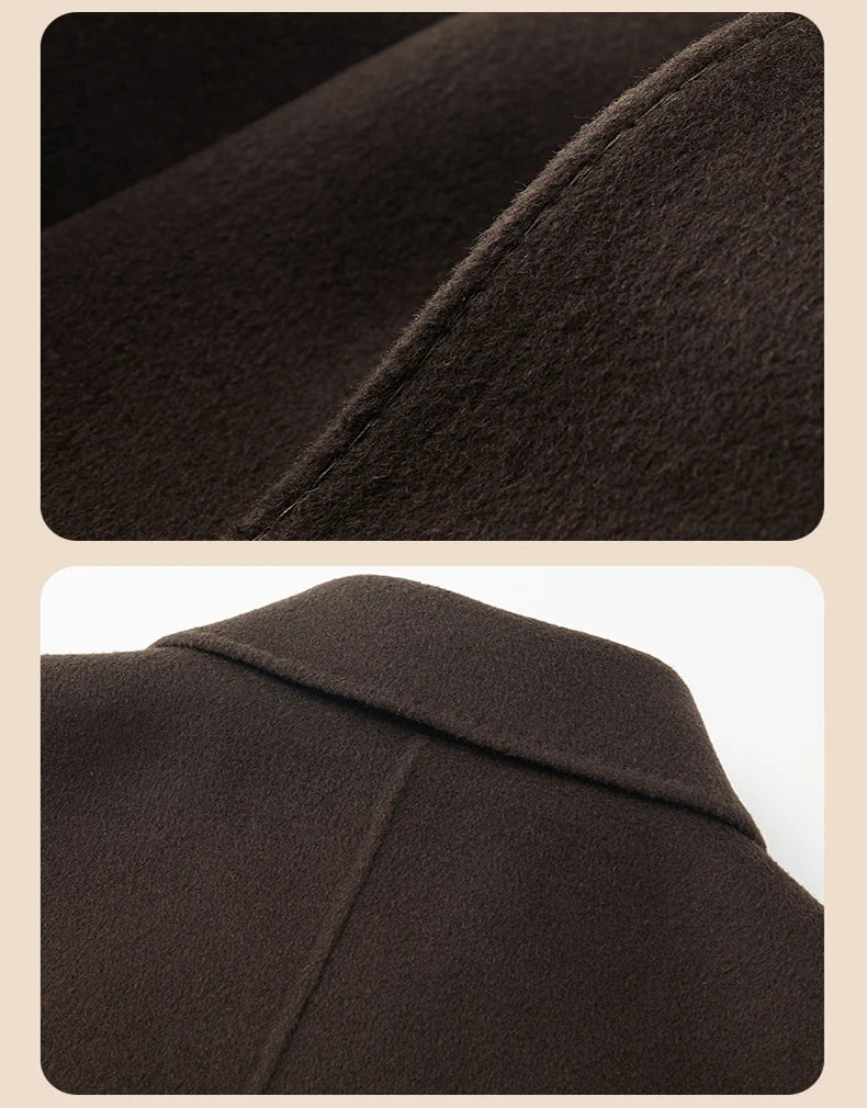 Abrigo de lana de doble faz para hombre, suave y cálido, ideal como prenda esencial. Incluye chaleco de plumas y forro. Color negro café. Estilo clásico.