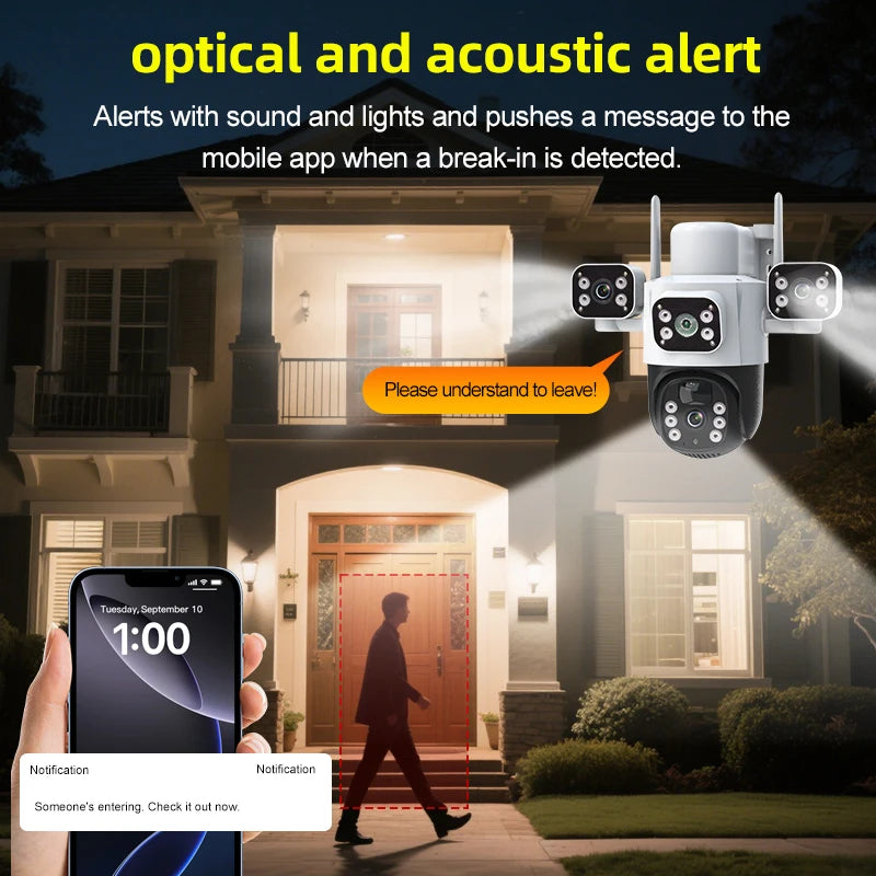 Cámara IP WiFi solar de 12 MP, CCTV con tres lentes y tres pantallas, seguimiento automático, vigilancia exterior 6K 4G, cámara PTZ, protección de seguridad