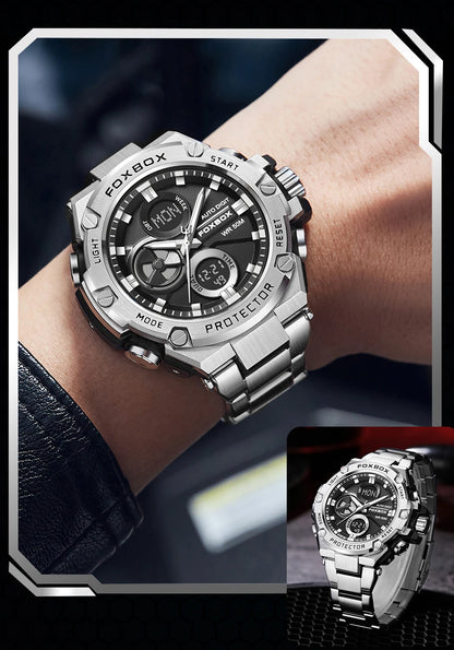 FOXBOX Relojes deportivos de lujo para hombre, reloj de pulsera de cuarzo de lujo, acero, resistente al agua, doble pantalla, relojes militares para hombre, reloj hommes
