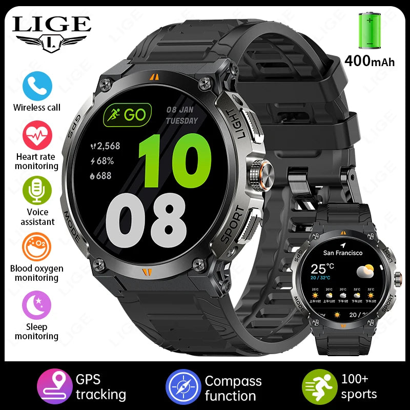LIGE - Nuevo reloj inteligente con GPS para hombre, llamadas Bluetooth, batería grande de 400 mAh, pantalla AMOLED de 1,43 pulgadas, voz IA, IP68, resistente al agua