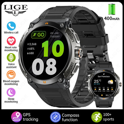 LIGE - Nuevo reloj inteligente con GPS para hombre, llamadas Bluetooth, batería grande de 400 mAh, pantalla AMOLED de 1,43 pulgadas, voz IA, IP68, resistente al agua
