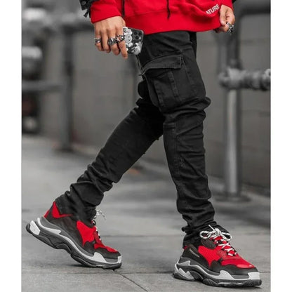 Pantalones vaqueros casuales de hombre, estilo lápiz, elásticos, con múltiples bolsillos, corte ajustado, estilo urbano, lavado liso, cintura media, estilo cargo.