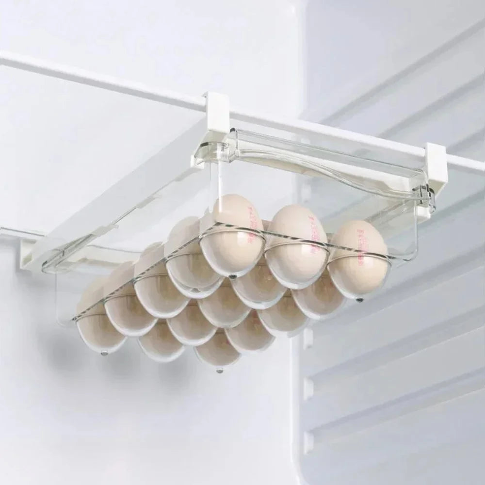 Organizador de refrigerador transparente, caja de almacenamiento para huevos de frutas, cajón debajo del estante, organizador de cocina para mantener la frescura.