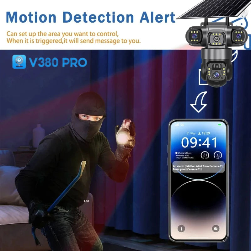 Cámara IP WiFi de 15 MP y 8K con tres lentes, resistente al agua y con carga solar para exteriores. Incluye visión nocturna, audio bidireccional y detección humana. Cámara de seguridad CCTV.