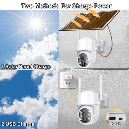 Cámara Tuya de 8 MP con energía solar, conexión wifi, detección humana PIR, visión nocturna, diseño resistente al agua, batería interna de seguridad para exteriores.