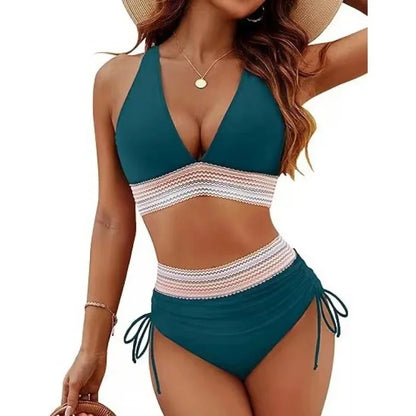 Conjunto de bikini de cintura alta con cinturón de tejido de color puro sexy para mujer, traje de baño de estilo ruso, ropa de playa de moda para mujer