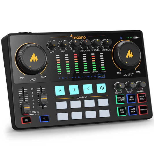 Interfaz de audio Maono AME2, tarjeta de sonido, mezclador de DJ, estudio de podcast portátil todo en uno para grabación, transmisión en vivo, YouTube, guitarra y PC.