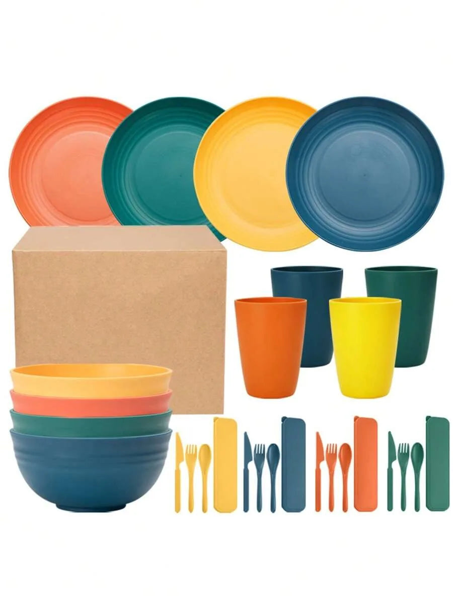 Juego de vajilla de plástico PP de 7/28 piezas, reutilizable, plato de cena, tazón de cereal, taza, juego de cubiertos para reuniones de fiestas en hoteles en casa