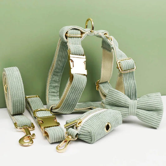 Collar y correa de pana verde claro para perros. Placa de identificación grabada personalizada. Suministros para mascotas. Correa para perros. Corduroy03