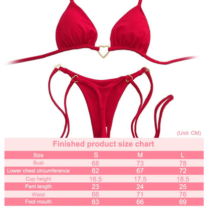 Bikini de dos piezas de color liso con escote halter y tiras, estilo triángulo, con hebilla metálica en forma de corazón. Traje de baño con cordones para mujer.