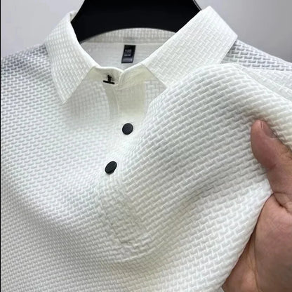 Camiseta de manga corta de seda de hielo para hombre, nueva camiseta de verano con cuello redondo y estampado de gofre, de alta elasticidad, sin costuras, informal, de negocios.