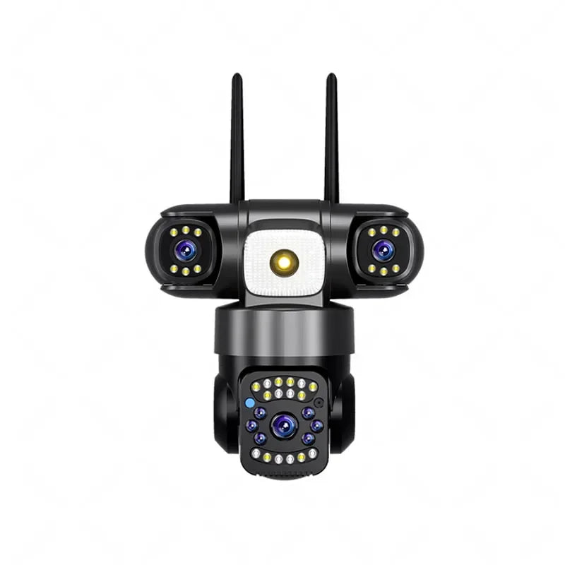 Cámara IP WiFi de 15 MP y 8K con tres lentes, resistente al agua y con carga solar para exteriores. Incluye visión nocturna, audio bidireccional y detección humana. Cámara de seguridad CCTV.