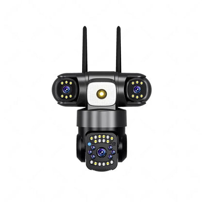 Cámara IP WiFi de 15 MP y 8K con tres lentes, resistente al agua y con carga solar para exteriores. Incluye visión nocturna, audio bidireccional y detección humana. Cámara de seguridad CCTV.