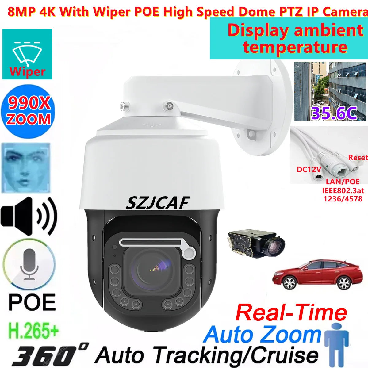 Cámara IP domo PTZ de alta velocidad 4K PoE para exteriores con zoom 990X, seguimiento de personas y vehículos con IA, protocolo Hikvision y 8MP.