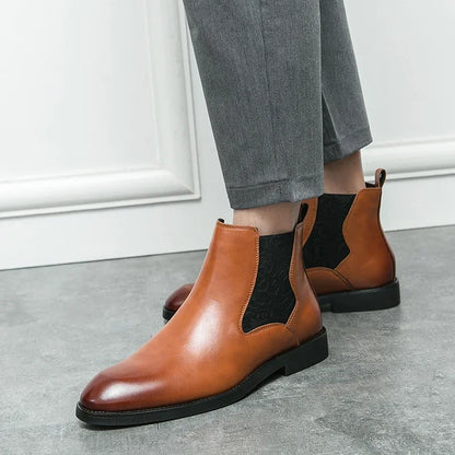 Botas Chelsea para hombre, de PU, lisas, hasta el tobillo, de caña alta, tacón bajo, con banda elástica tallada, botas formales de trabajo para negocios, tallas grandes 38-46
