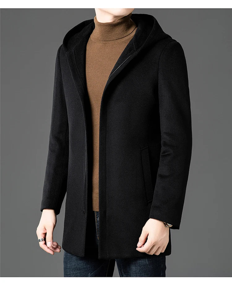 Abrigo largo de lana para hombre COMXZ, colección invierno 2025, gabardina de cachemir de diseño, chaqueta con capucha y forro de plumón de pato blanco, abrigo de lana de lujo