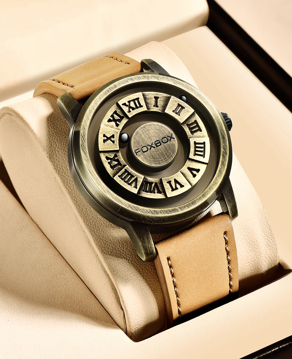 Reloj de cuarzo para hombre FOXBOX, moda, personalidad, creativo, con bola de hierro giratoria, puntero magnético, resistente al agua, para hombre, regalo + caja.