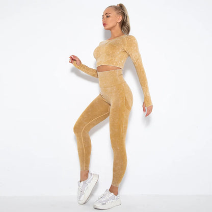 Conjunto de Yoga para Mujer de Alta Calidad, Sin Costuras, 2 Piezas, Camiseta Deportiva de Manga Larga con Color Degradado y Leggings Cortos, Ropa Deportiva para Mujer, 2 Piezas