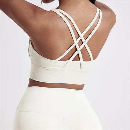 Sujetador deportivo de color sólido con espalda cruzada para mujer, de alta resistencia, ajustado, para entrenamiento integral, ropa interior de yoga y gimnasio con almohadilla para el pecho