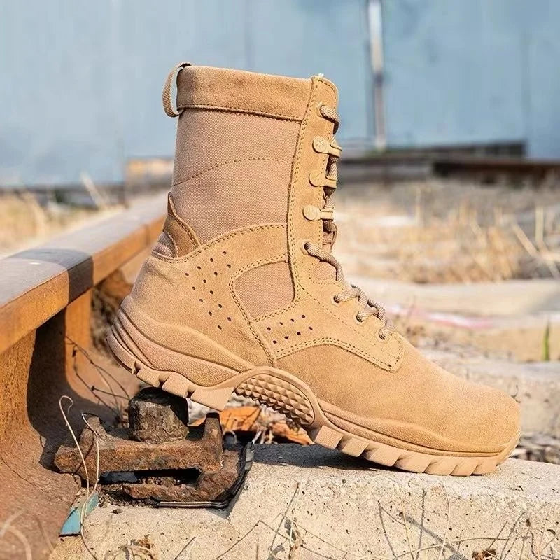 Botas impermeables de piel de vacuno para hombre, ideales para senderismo, escalada y actividades al aire libre en verano. Resistentes al desgaste, antideslizantes y con cremallera lateral. Diseño moderno con cordones.