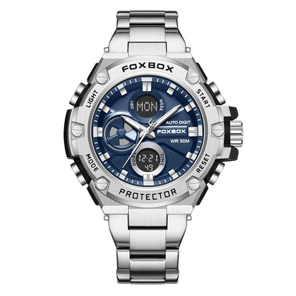 FOXBOX Relojes deportivos de lujo para hombre, reloj de pulsera de cuarzo de lujo, acero, resistente al agua, doble pantalla, relojes militares para hombre, reloj hommes
