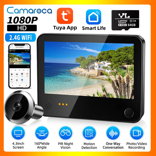 Cámara de puerta digital con radar Camaroca Tuya, timbre de puerta inteligente con WiFi, mirilla, batería de 6000 mAh y detector de movimiento PIR 1080P.