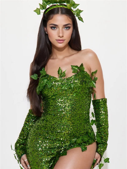 Women's Sexy Halloween Costume Deluxe Green Sequin Ivy Maxi Dress 3 Piece Poisonous Villain Cosplay Costume Set