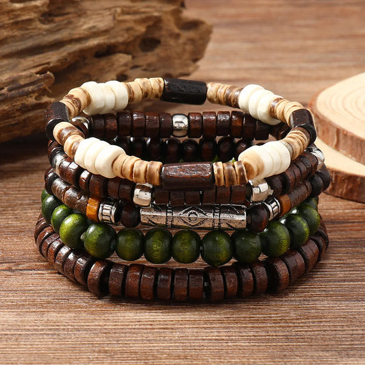 Pulsera para hombre, nueva pulsera retro multicapa de concha de coco con cordón elástico de varias piezas y cuentas de madera.