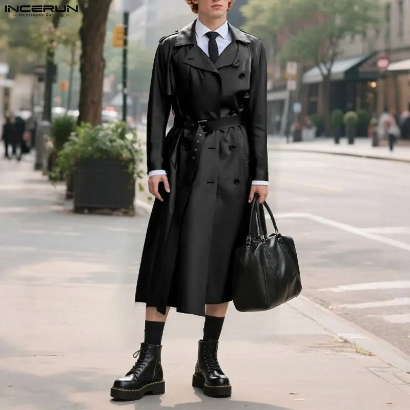 Abrigo INCERUN para hombre, de piel sintética lisa, con solapa, manga larga, estilo gabardina informal, estilo punk urbano, cortavientos.