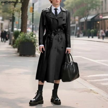 Abrigo INCERUN para hombre, de piel sintética lisa, con solapa, manga larga, estilo gabardina informal, estilo punk urbano, cortavientos.
