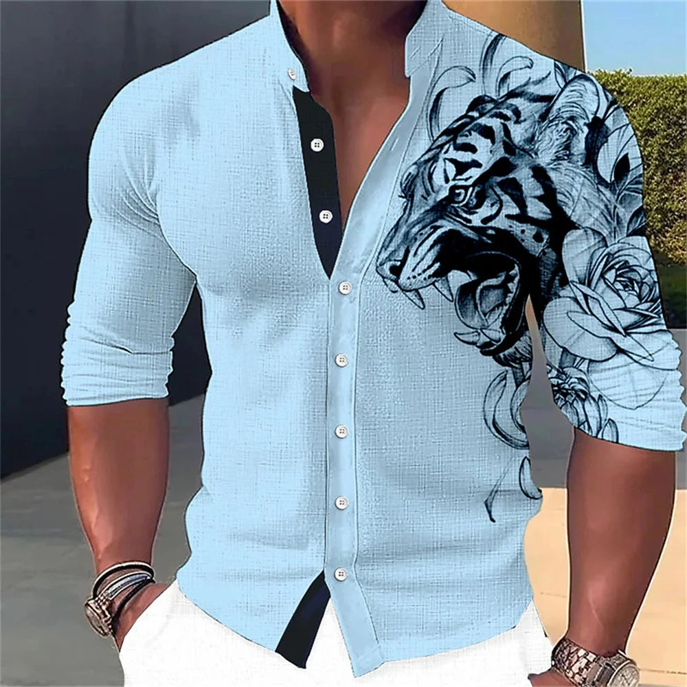 Camisa de manga larga para hombre con estampado abstracto 3D, cuello alto y botones. Diseños de moda urbana. Ropa de hombre.