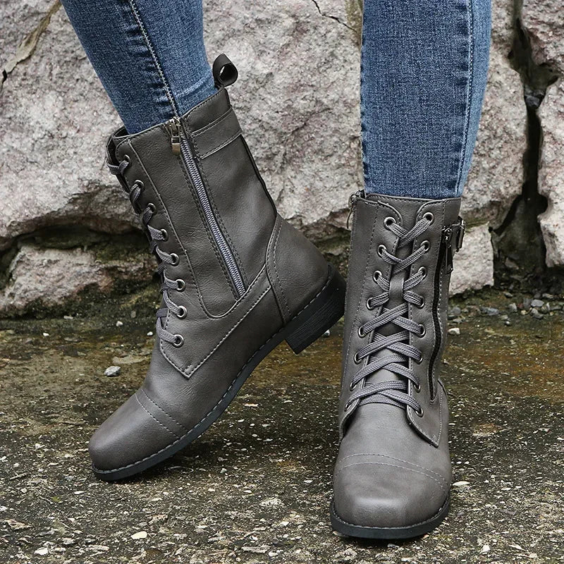 Botines de tacón cuadrado para mujer, botas de trabajo cortas de piel sintética para otoño e invierno, botas elásticas con cordones de talla grande para mujer 2024