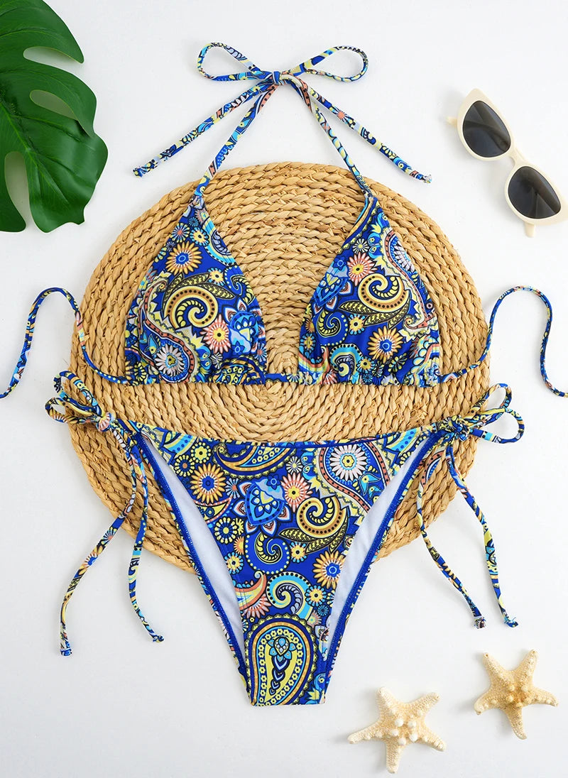 Traje de baño para mujer 2025, traje de baño de dos piezas con cuello halter, conjunto de bikini para mujer, ropa de playa de verano, traje de baño con cordón ajustable, tanga, copa triangular
