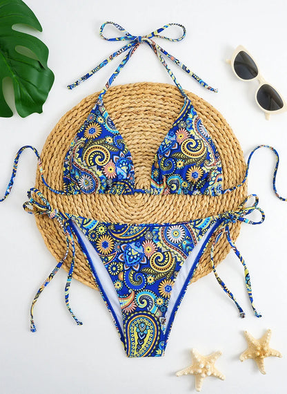 Traje de baño para mujer 2025, traje de baño de dos piezas con cuello halter, conjunto de bikini para mujer, ropa de playa de verano, traje de baño con cordón ajustable, tanga, copa triangular