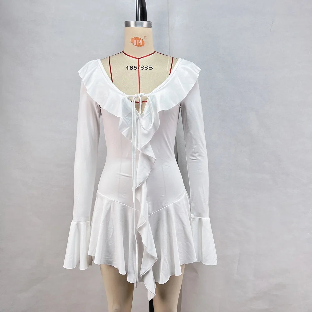 Vestido corto de mujer con volantes, patchwork blanco y negro, manga larga acampanada, encaje y cordones, para fiesta, noche, mini vestido, azul, rosa, rojo.