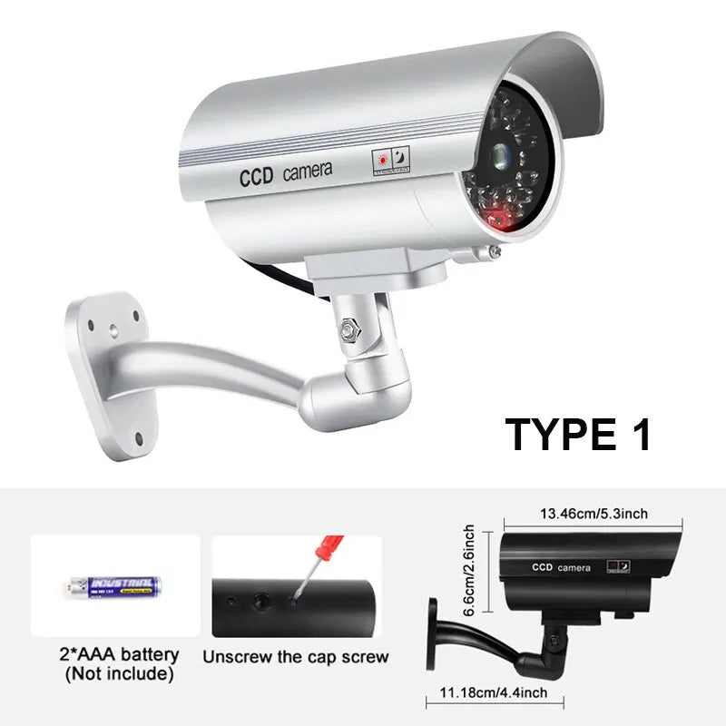 Cámara de seguridad ficticia impermeable para interiores y exteriores, sistema de vigilancia CCTV falso, luces LED rojas intermitentes, sin cableado.