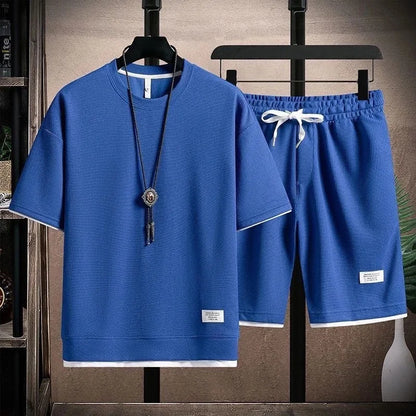 Conjunto deportivo informal de verano para hombre, pantalones cortos de manga corta con cordón, pantalones holgados de cinco cuartos, traje fino de dos piezas para hombre