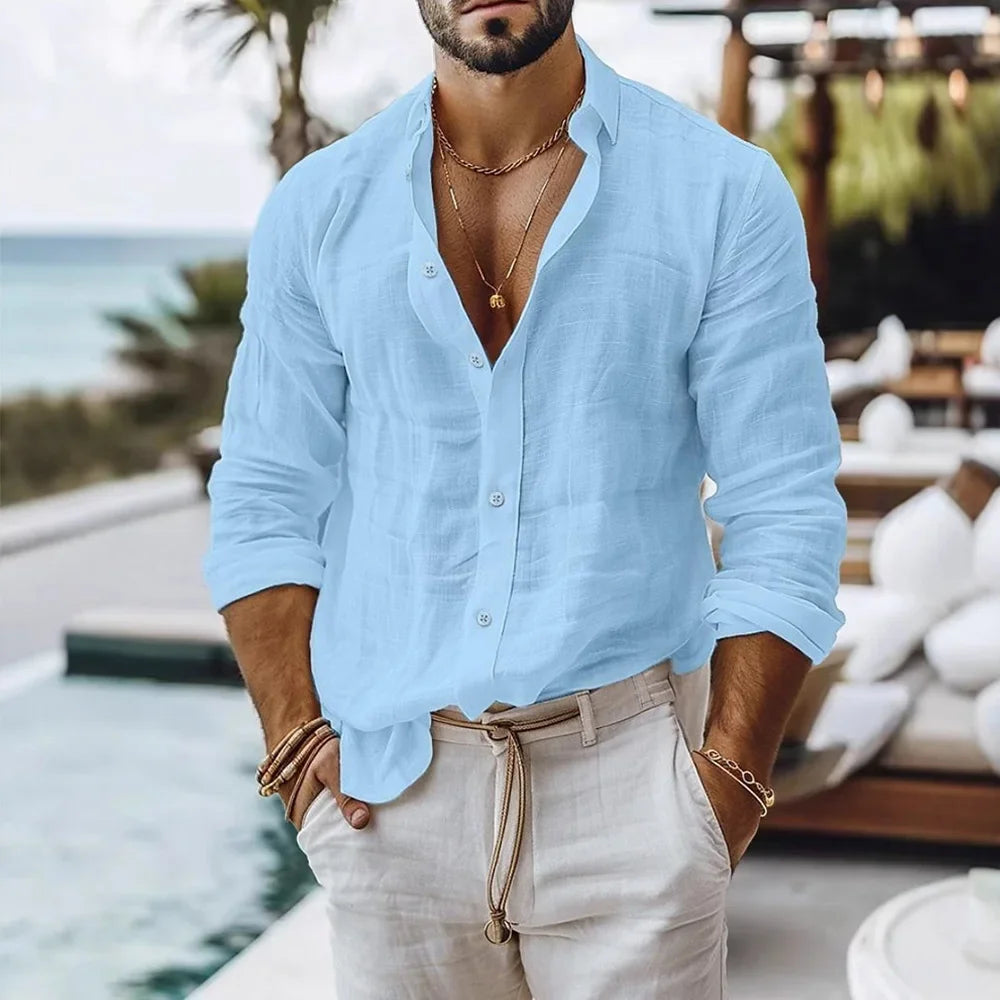 Camisa de lino y algodón para hombre, estilo playero veraniego, color liso, un solo botón, transpirable, ligera y elegante.