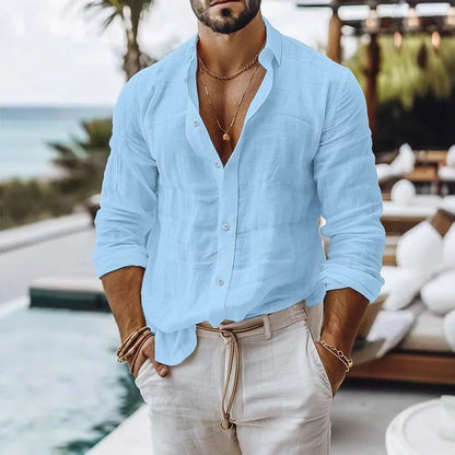 Camisa de lino y algodón para hombre, estilo playero veraniego, color liso, un solo botón, transpirable, ligera y elegante.