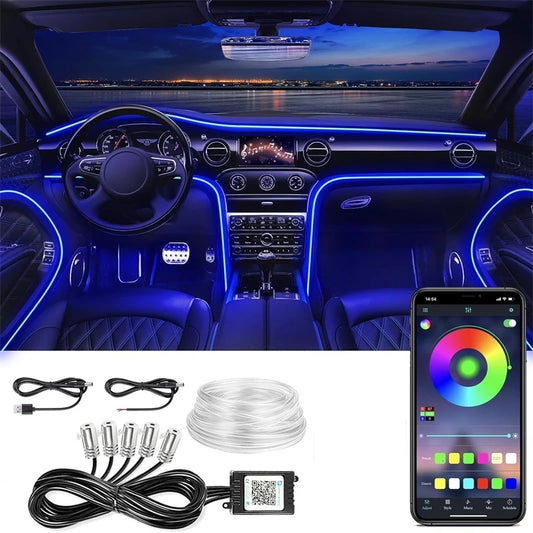 Tira de luces LED para ambiente interior de coche, RGB, fibra óptica, iluminación de neón con control remoto por aplicación, lámparas decorativas para coche