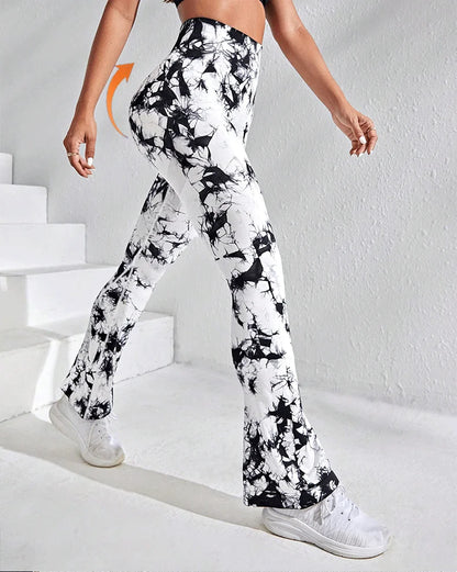 Women Tie Dye Flared Pants Knit Seamless Leggings High Waist Butt Lift Fitness Pants Gym Yoga Cycling Slim Fashion Flared Pants