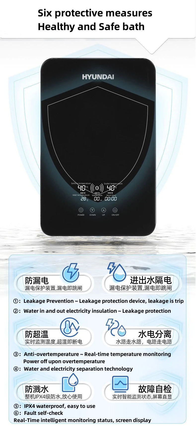 Calentador de agua eléctrico pequeño HYUNDAI con calentamiento rápido e instantáneo, temperatura constante inteligente y pantalla en inglés para ducha o baño.