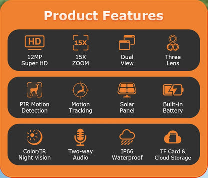 Cámara de seguridad solar inalámbrica LS VISION de 12 MP, 4G, zoom 15x, para exteriores, con doble pantalla, WiFi, detección humana PIR y sistema CCTV UBox.