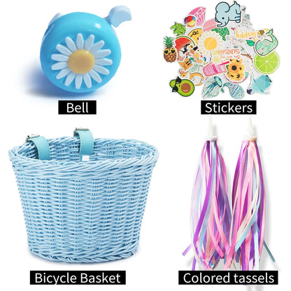 Conjunto de cesta de bicicleta para niños, timbre, borla y pegatinas. Cesta de bicicleta de ratán tejida a mano para manillar delantero. Accesorios de ciclismo.